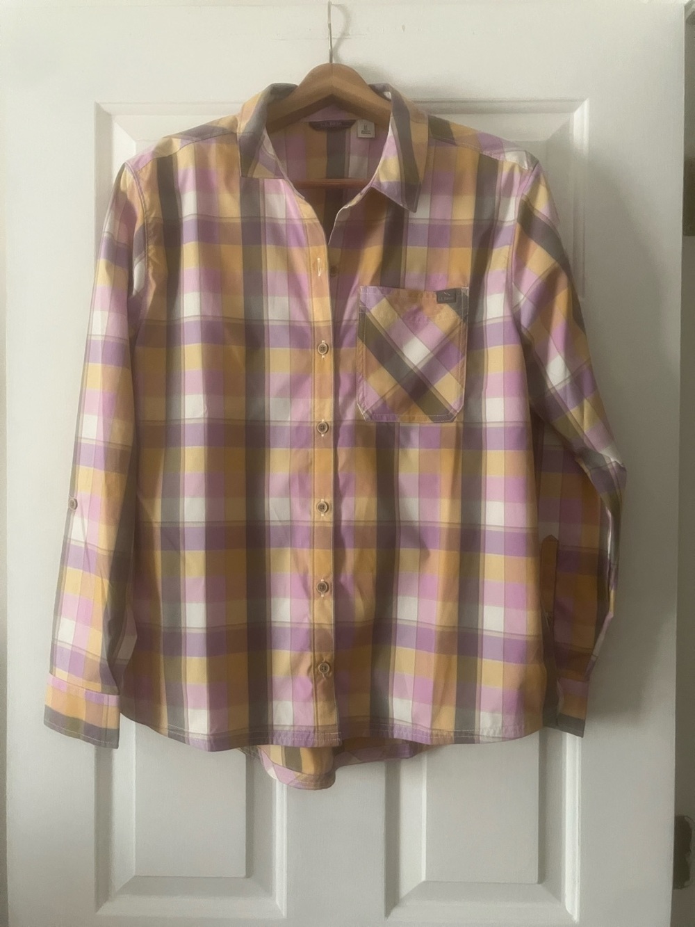 L.L. Bean Women's Plaid Button-Down Shirt in Yellow & Pink medium EUC
